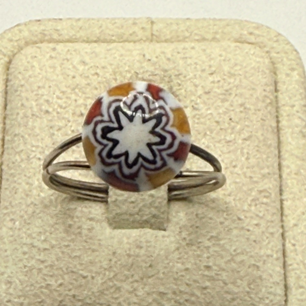 Vintage Millefiori Style Glass Ring Silver Tone Starburst India Adjustable